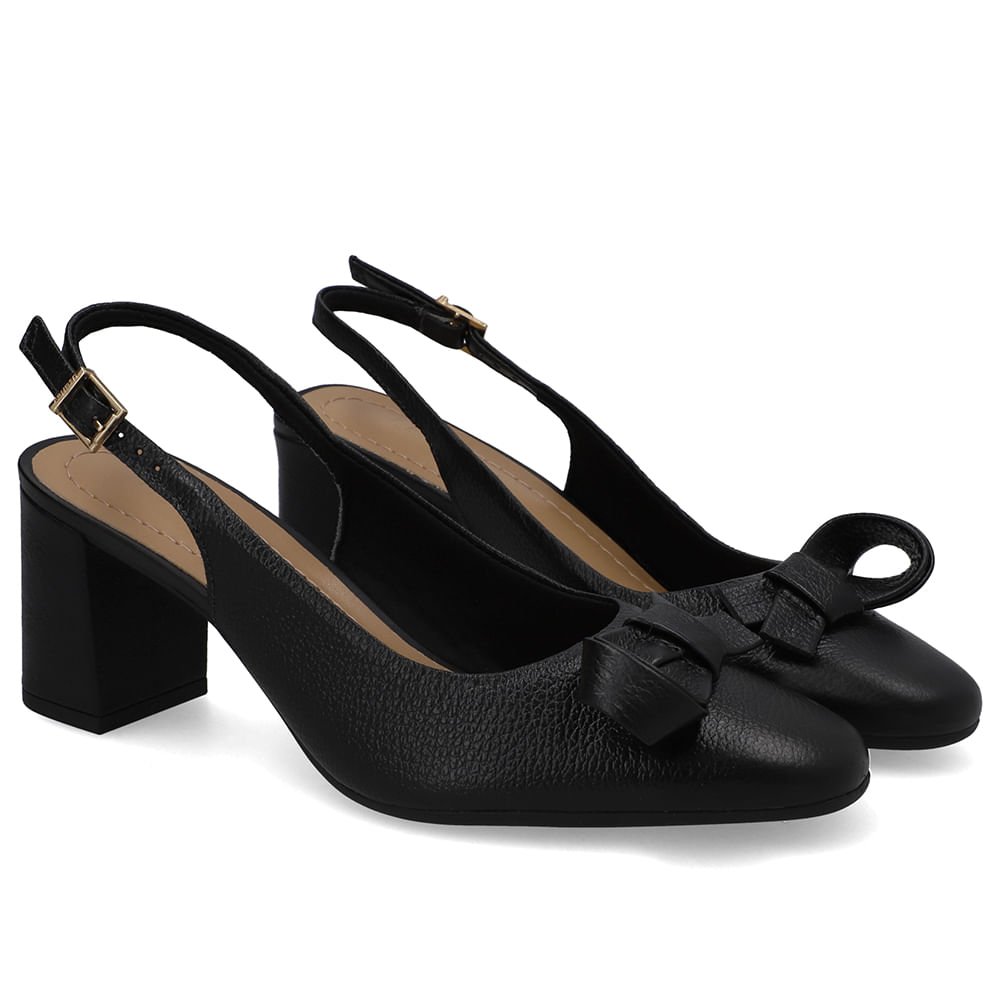 Slingback Couro Preto Bico Redondo Preto 2