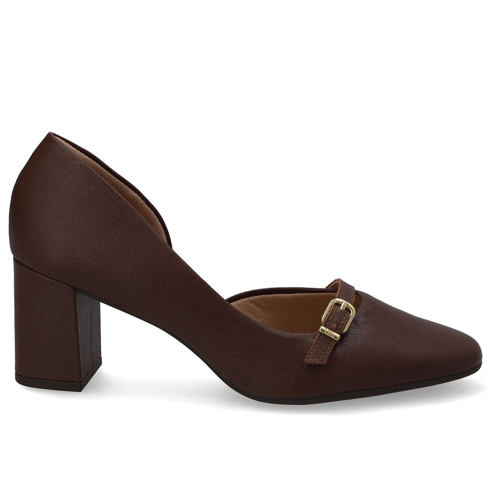 Scarpin Marrom Bico Redondo Couro Tira Enfeite
