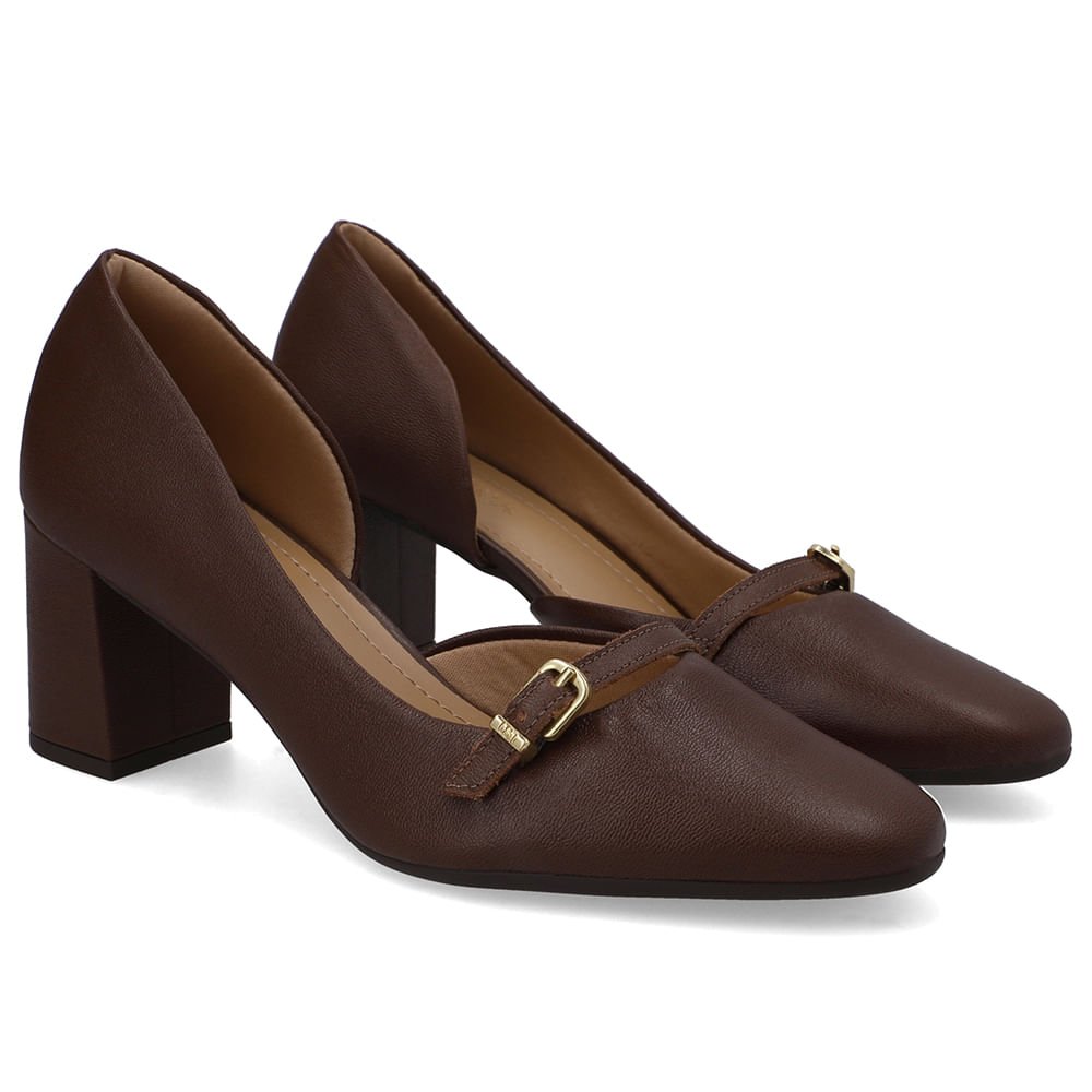 Scarpin Marrom Bico Redondo Couro Tira Enfeite Marrom 2