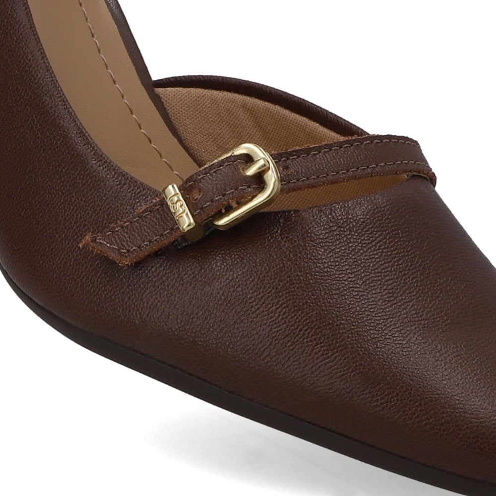 Scarpin Marrom Bico Redondo Couro Tira Enfeite Marrom 4