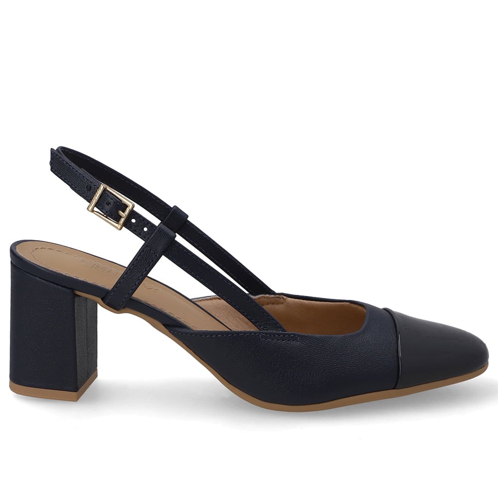 Slingback Couro Azul Bico Redondo Verniz