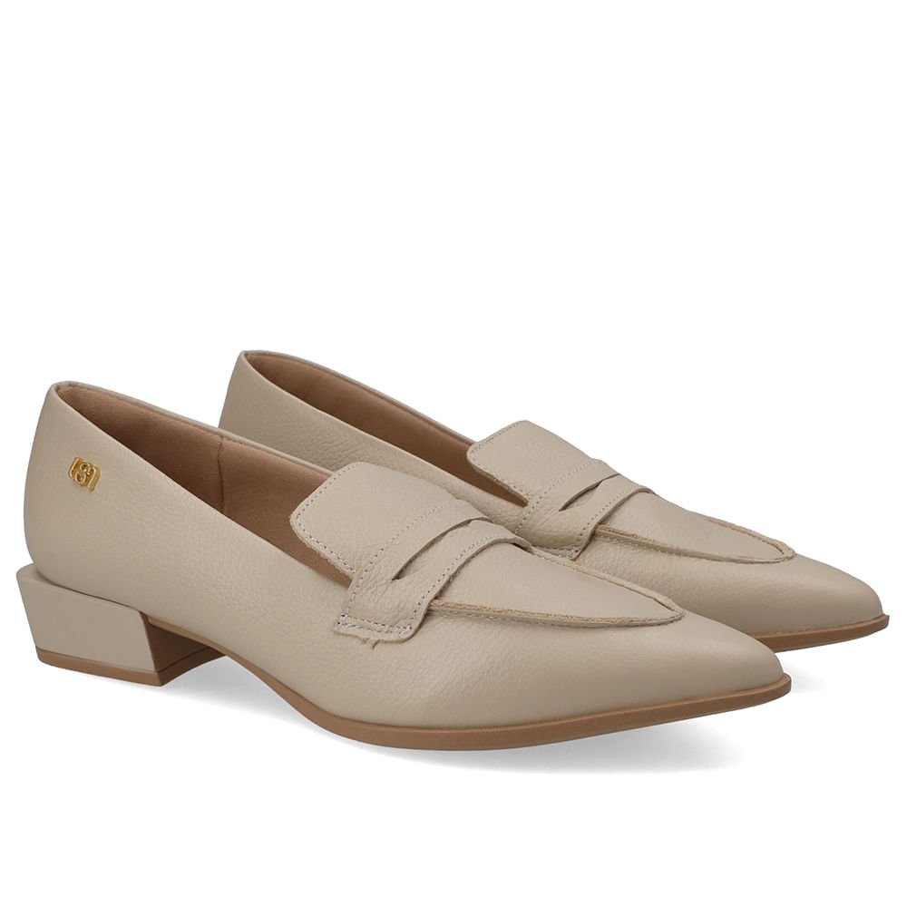 Loafer Couro Bege Bico Fino Bege 2