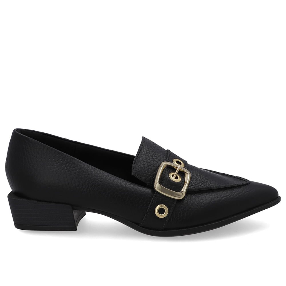 Loafer Couro Preto Bico Fino Tira Ilhós