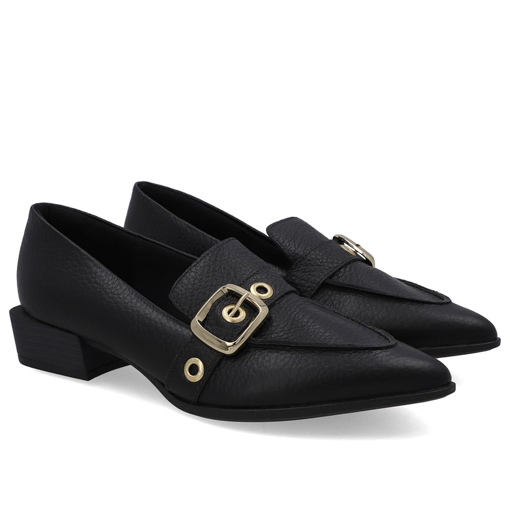 Loafer Couro Preto Bico Fino Tira Ilhós Preto 2