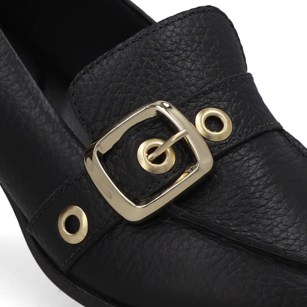 Loafer Couro Preto Bico Fino Tira Ilhós Preto 4