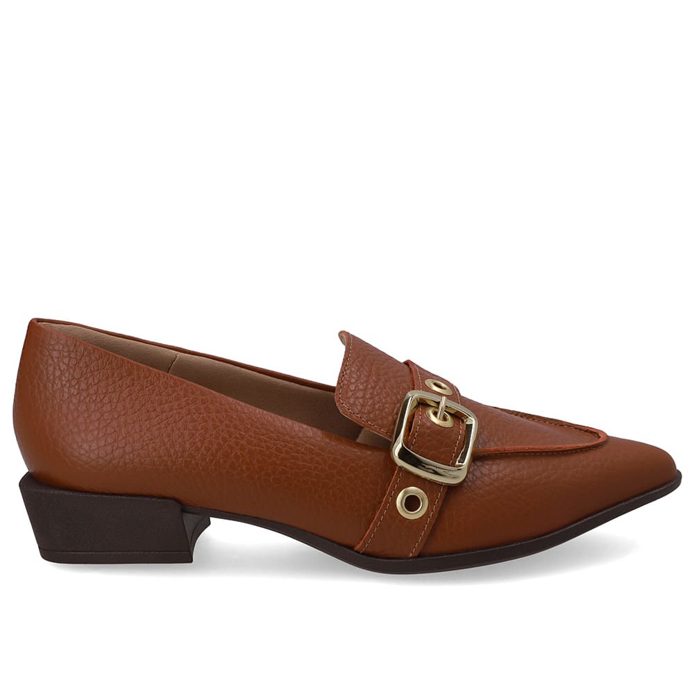 Loafer Couro Marrom Bico Fino Tira Ilhós
