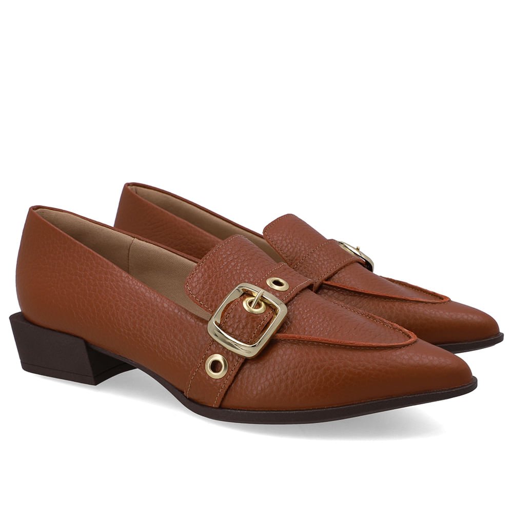 Loafer Couro Marrom Bico Fino Tira Ilhós Marrom 2
