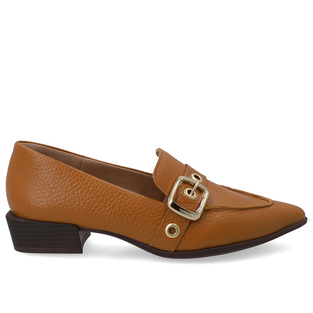 Loafer Couro Marrom Bico Fino Tira Ilhós