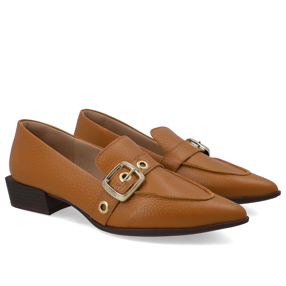 Loafer Couro Marrom Bico Fino Tira Ilhós Marrom 2