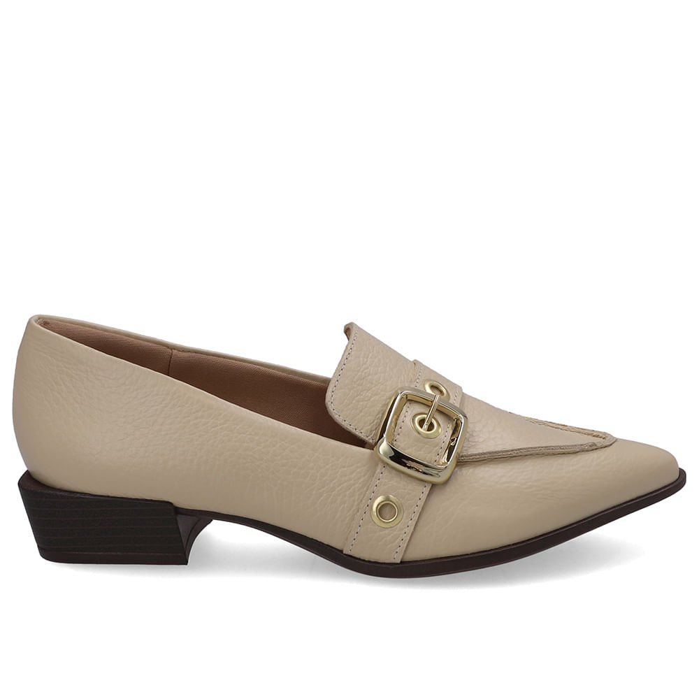 Loafer Couro Bege Bico Fino Tira Ilhós