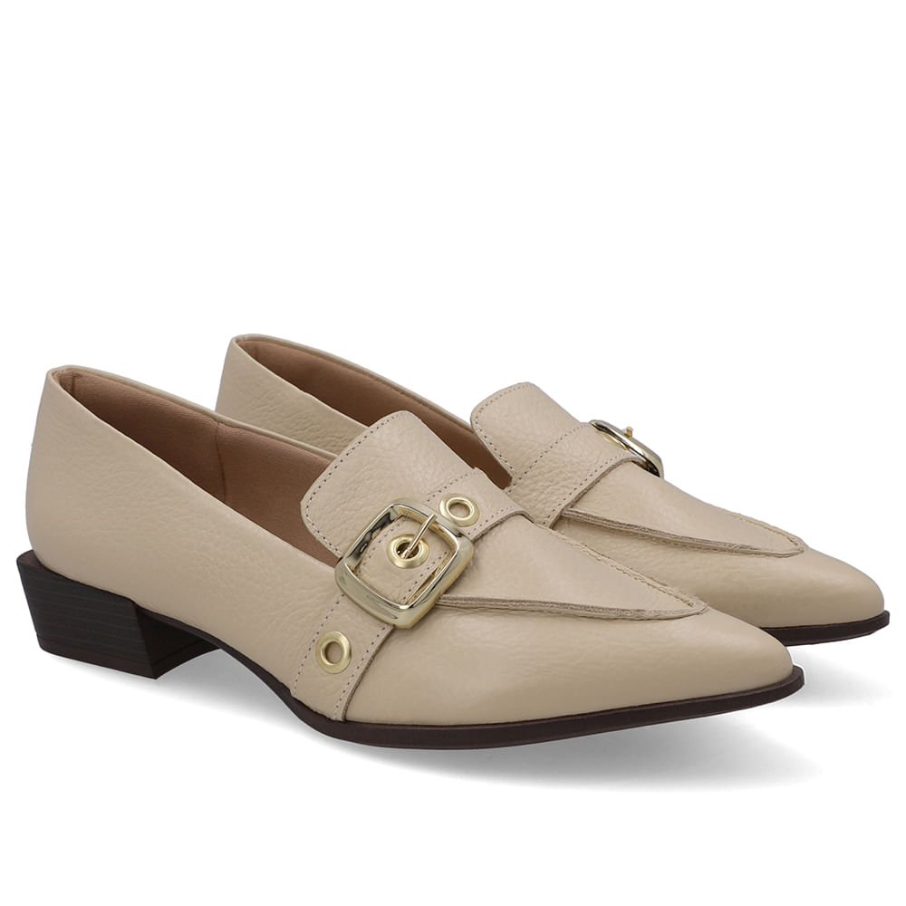Loafer Couro Bege Bico Fino Tira Ilhós Bege 2