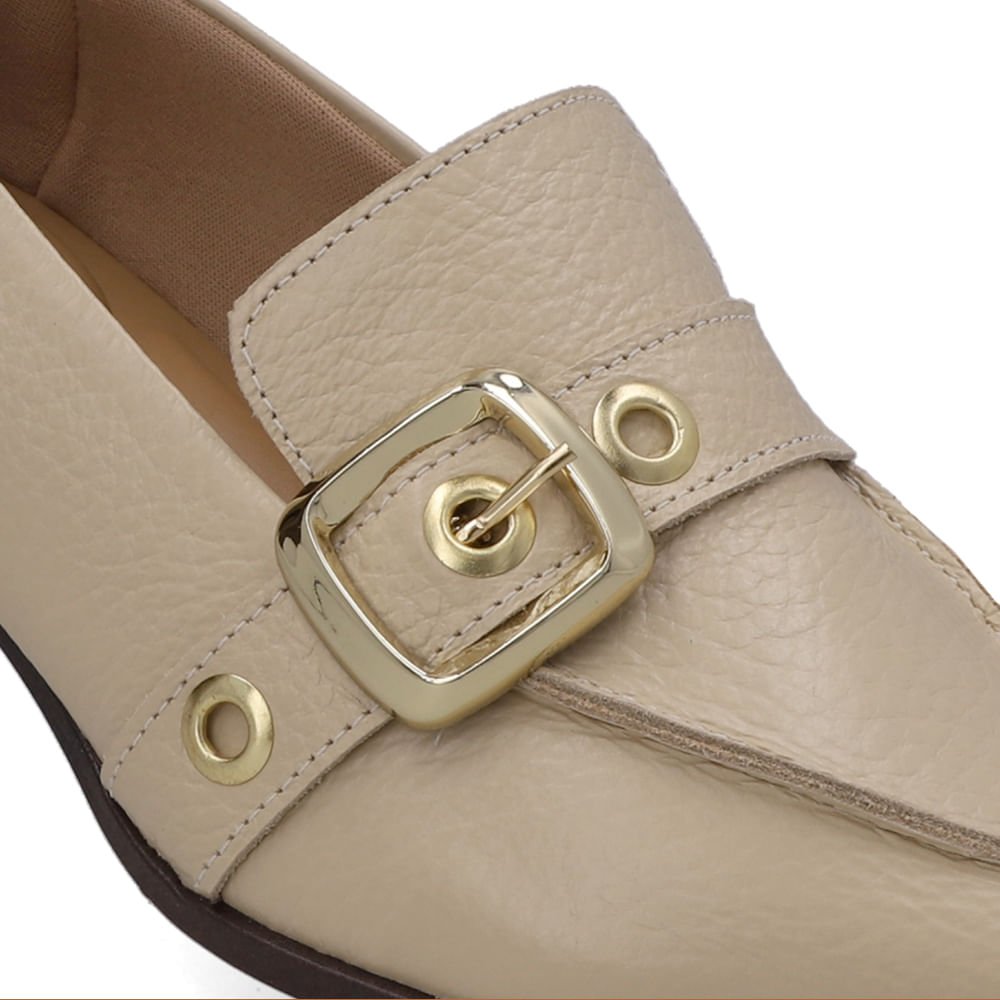 Loafer Couro Bege Bico Fino Tira Ilhós Bege 4