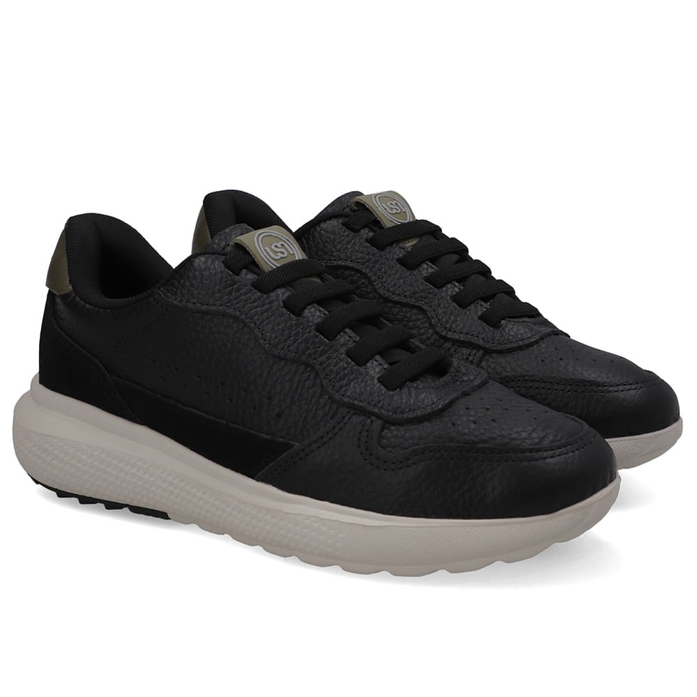 Tênis Couro Preto Cadarço Elástico Preto 2