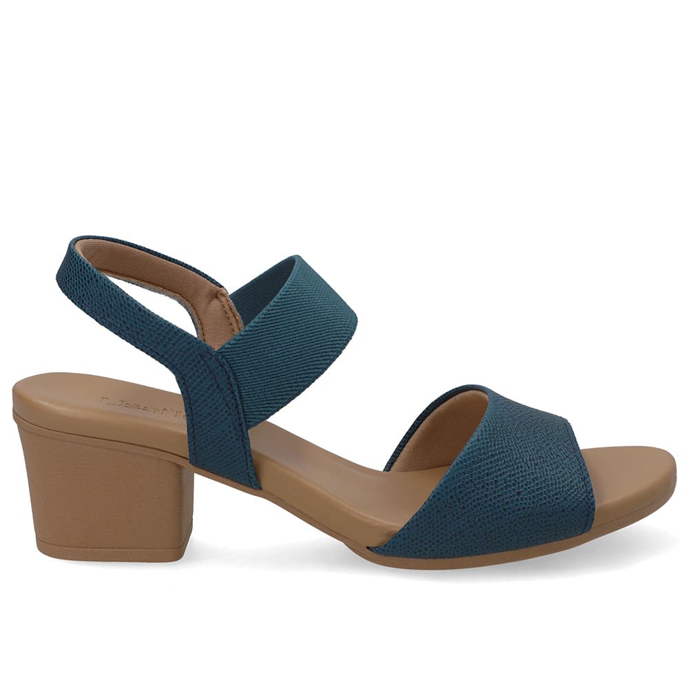 Sandália Salto Bloco Couro Azul Elástico