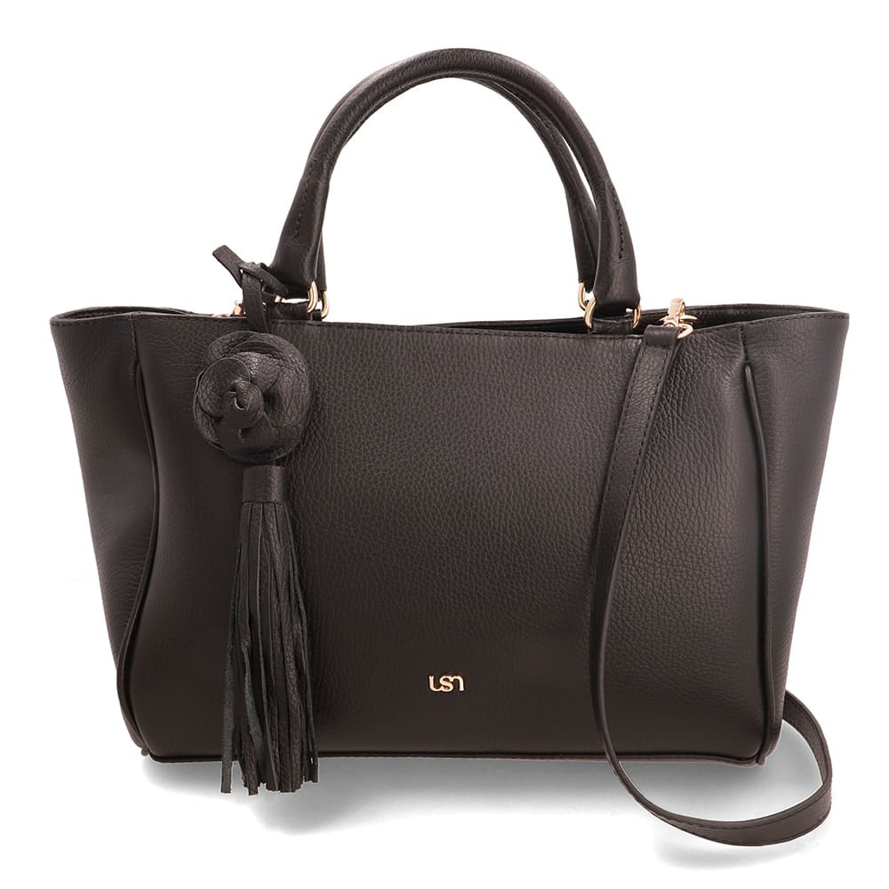 Bolsa Tote Couro Preta Com Charm Flor