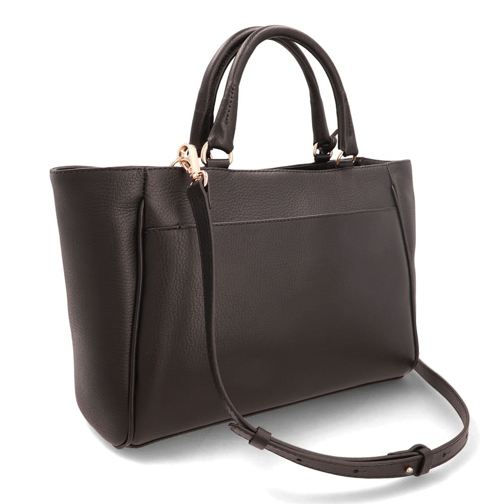 Bolsa Tote Couro Preta Com Charm Flor Preto 2