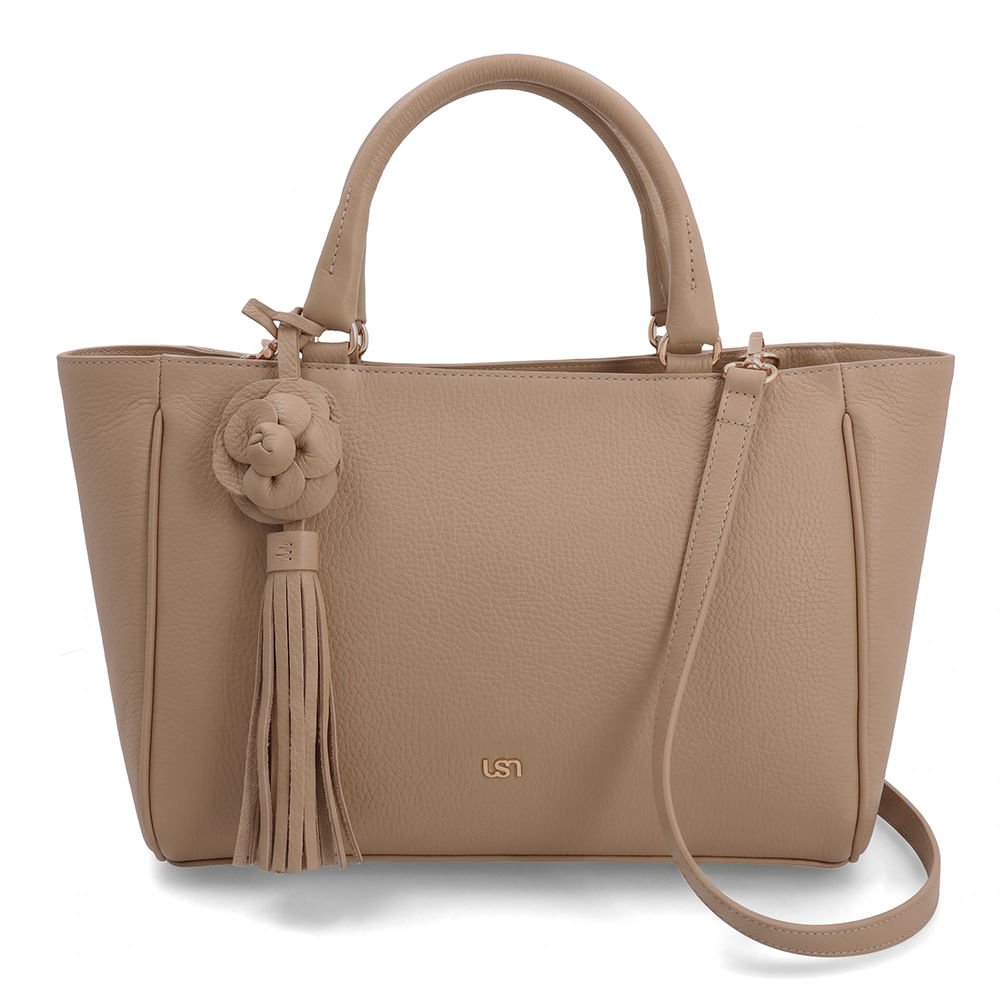 Bolsa Tote Couro Bege Com Charm Flor