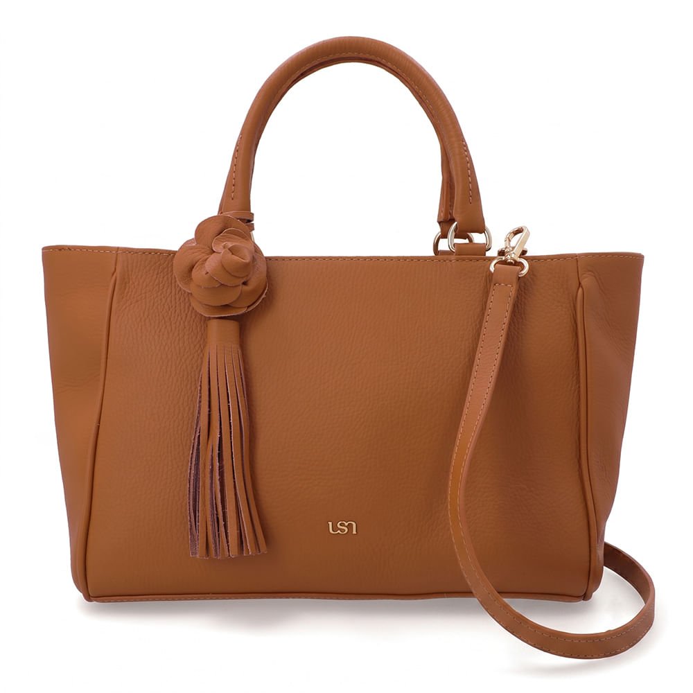 Bolsa Tote Couro Marrom Com Charm Flor
