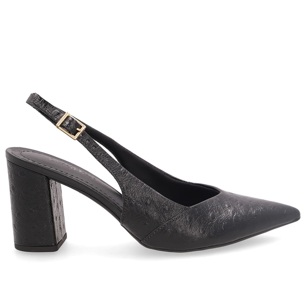 Slingback Salto Bloco Em Couro Preto Texturizado Com Bico Fino