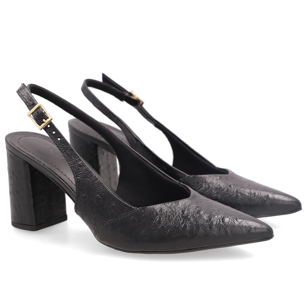 Slingback Salto Bloco Em Couro Preto Texturizado Com Bico Fino Preto 2