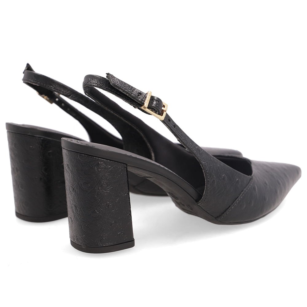 Slingback Salto Bloco Em Couro Preto Texturizado Com Bico Fino Preto 3