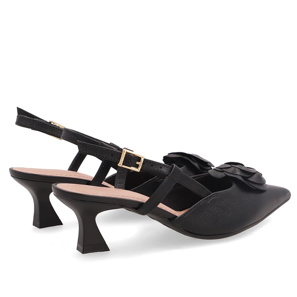 Slingback Em Couro Preto Com Enfeite Floral Preto 3