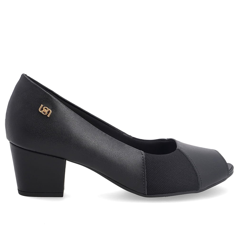 Peep Toe Em Couro E Tecido Preto Com Salto Bloco