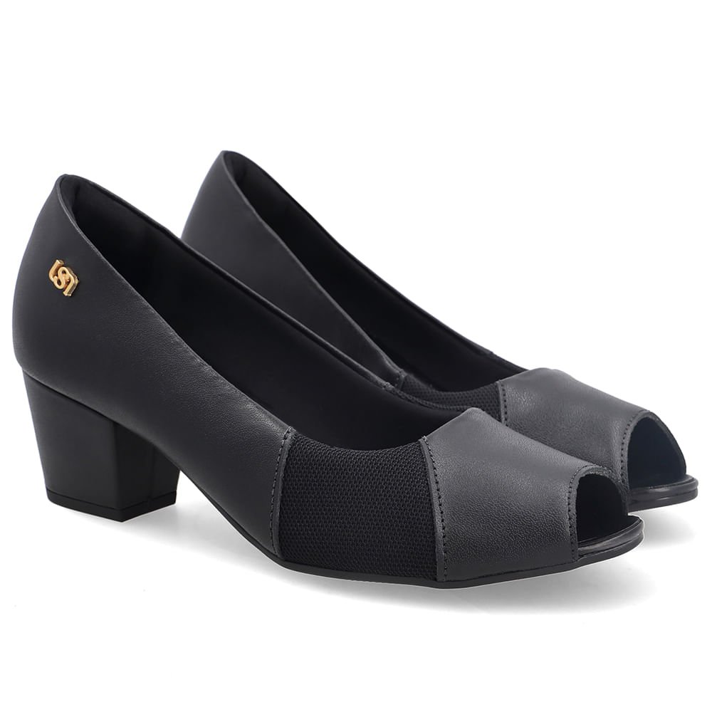 Peep Toe Em Couro E Tecido Preto Com Salto Bloco Preto 2