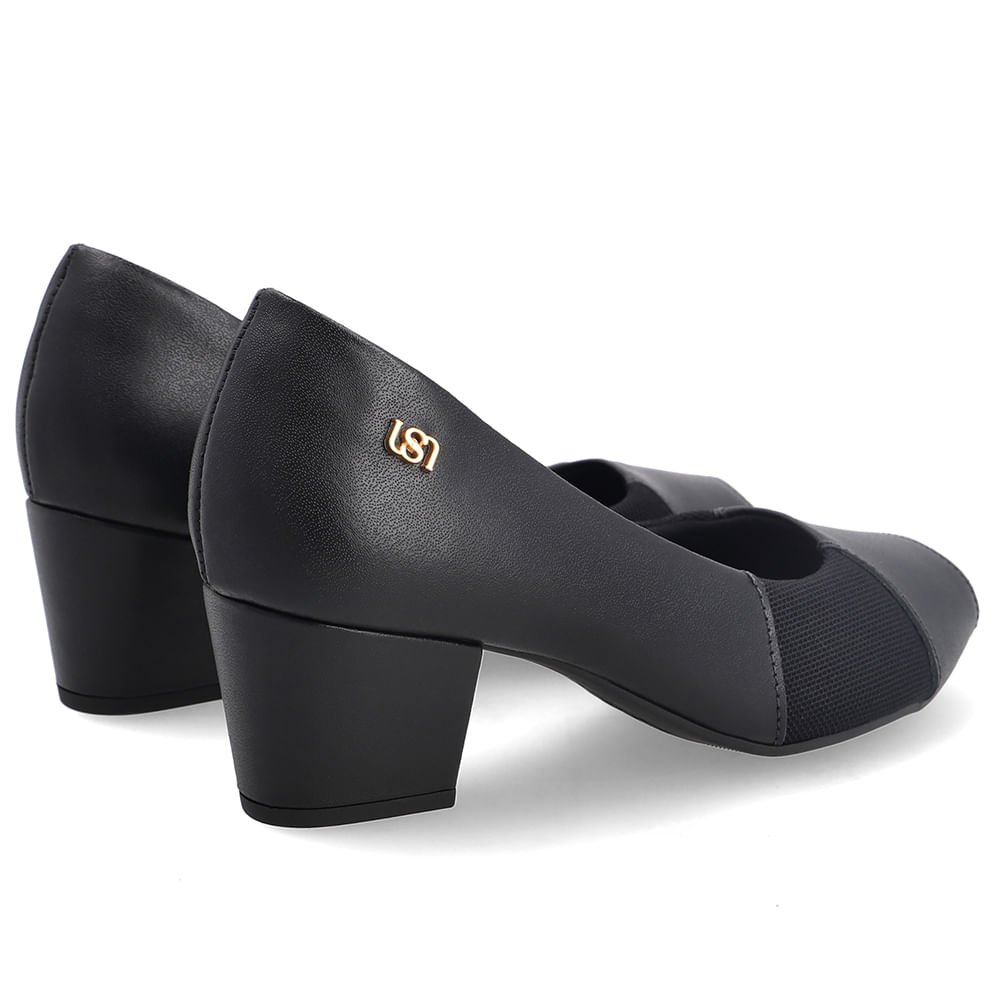 Peep Toe Em Couro E Tecido Preto Com Salto Bloco Preto 3
