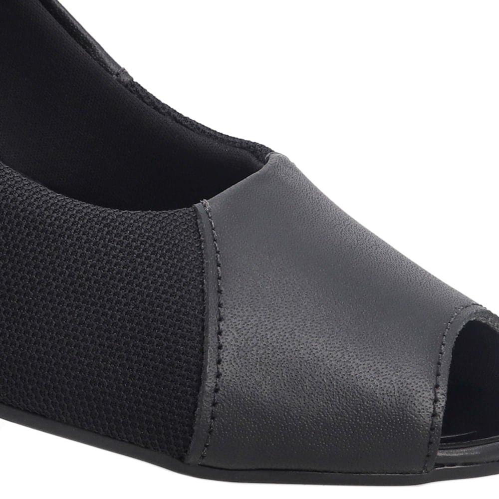 Peep Toe Em Couro E Tecido Preto Com Salto Bloco Preto 4