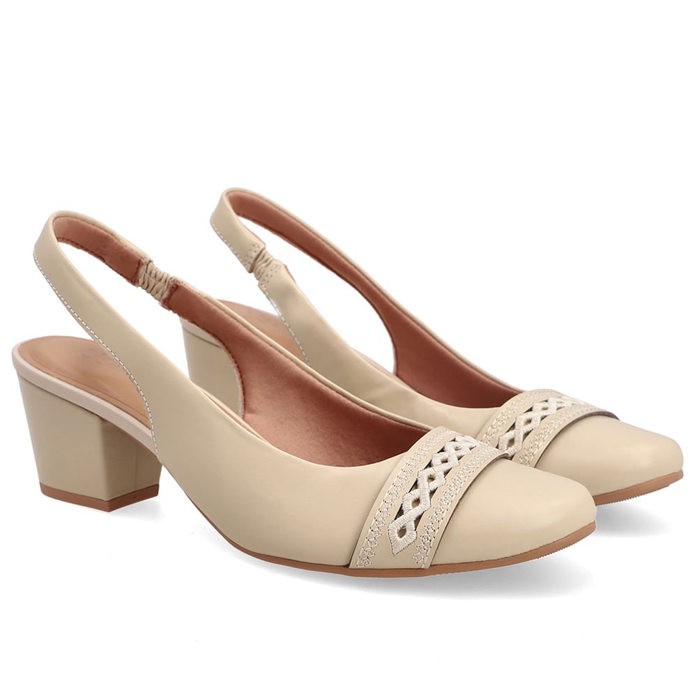 Slingback Em Couro Bege Com Salto Bloco E Detalhe Bordado Bege 2