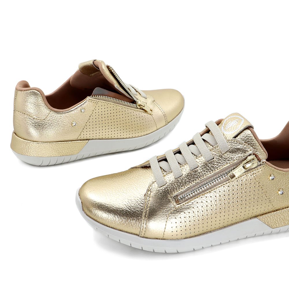 Tênis Casual Metalizado Couro Zíper Dourado 4