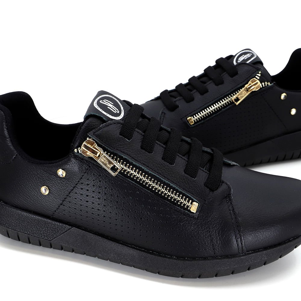 Tênis Casual Preto Couro Zíper Preto 4