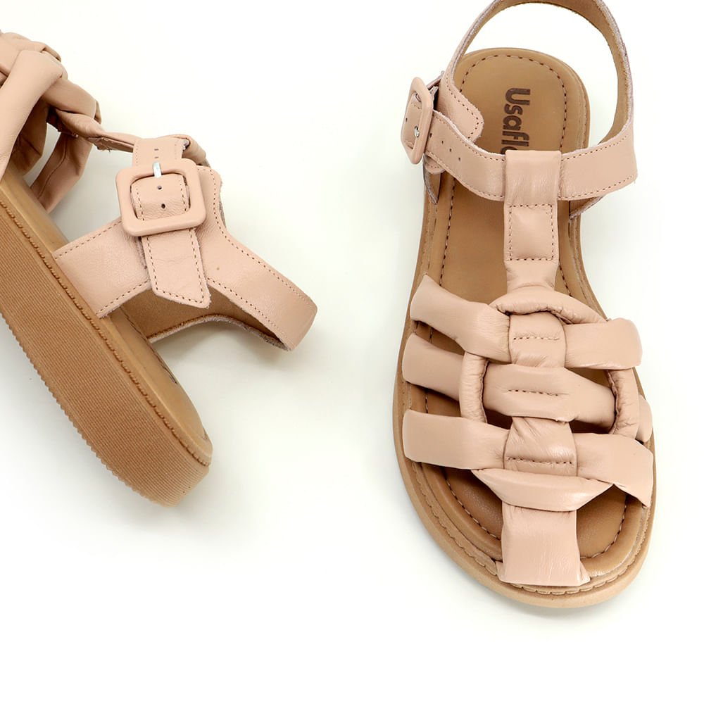 Sandalia Plataforma Couro Rosa Tiras Fofas Bege 4