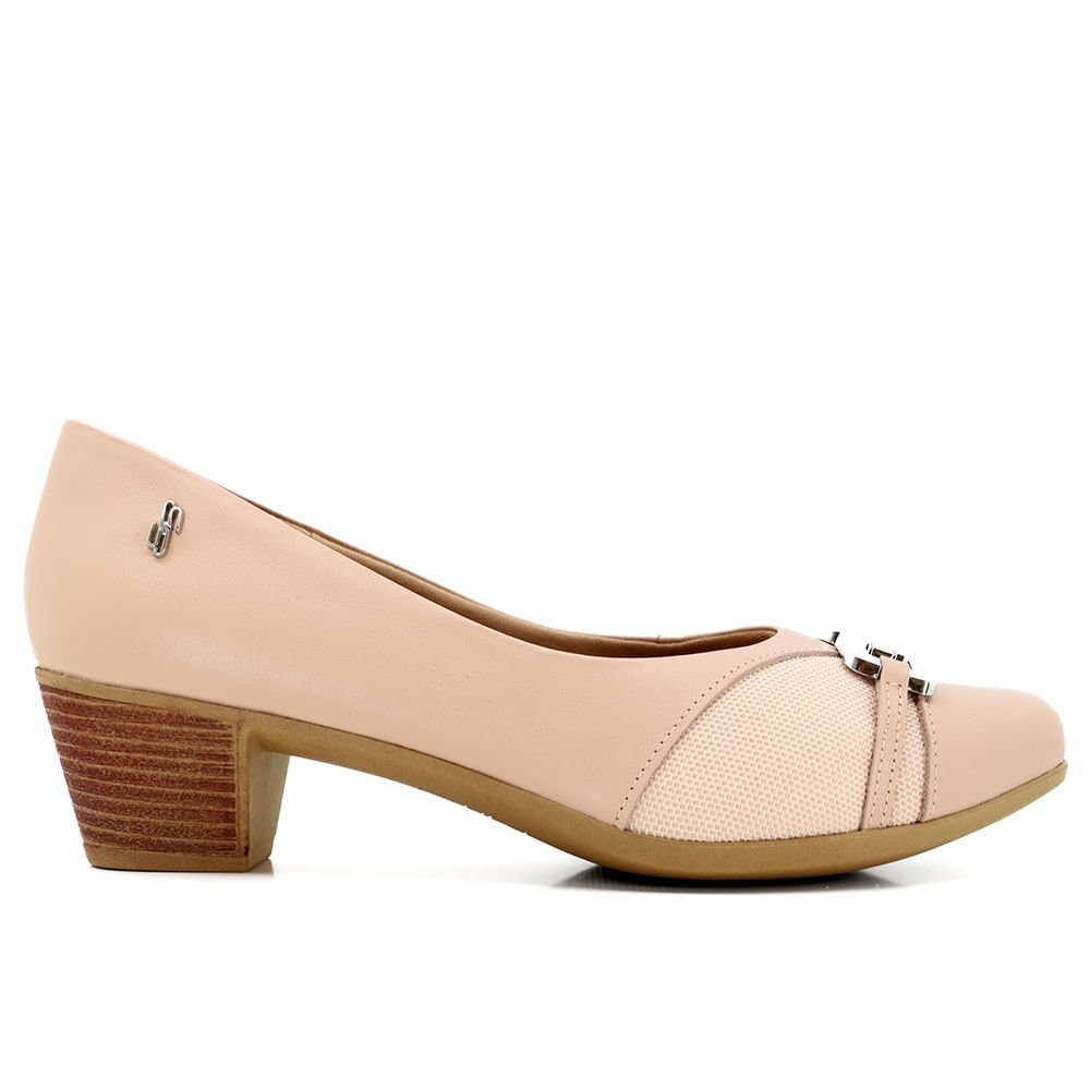 Scarpin Rosa Salto Bloco Multimateriais Enfeite Bege 1