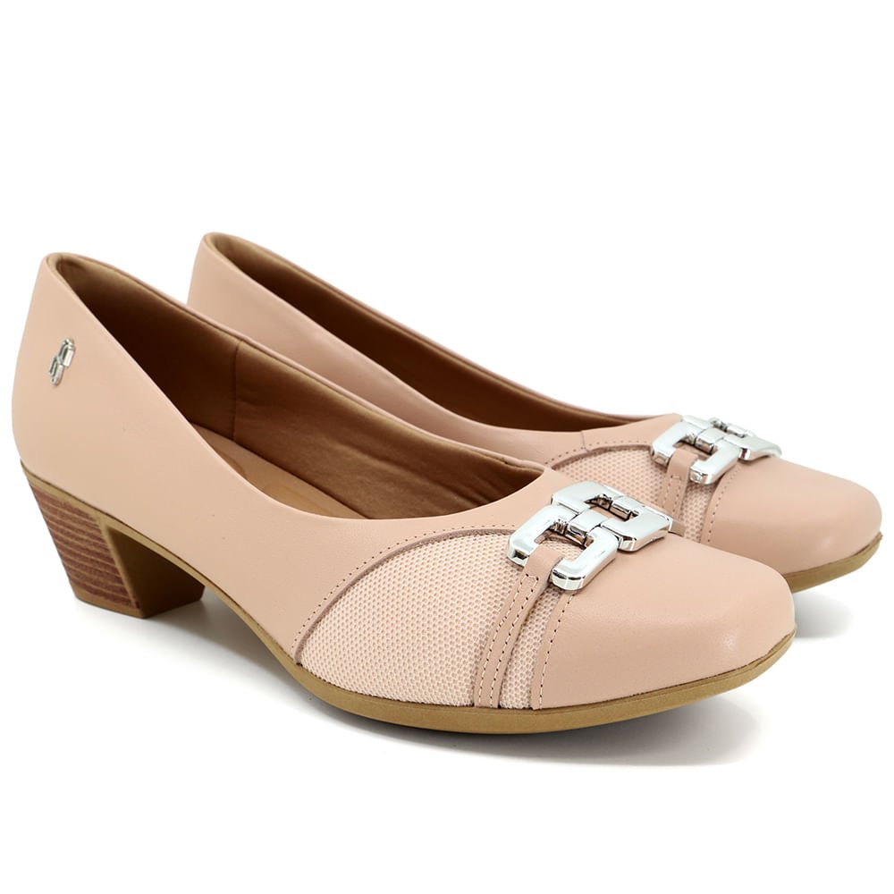 Scarpin Rosa Salto Bloco Multimateriais Enfeite Bege 2