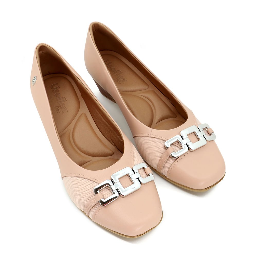 Scarpin Rosa Salto Bloco Multimateriais Enfeite Bege 4