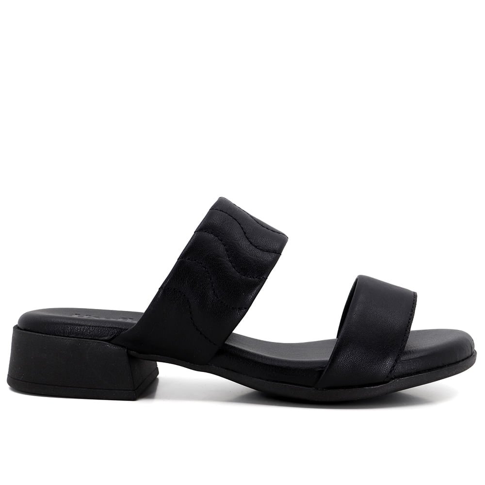 Tamanco Salto Bloco Couro Preto Tira Bordada