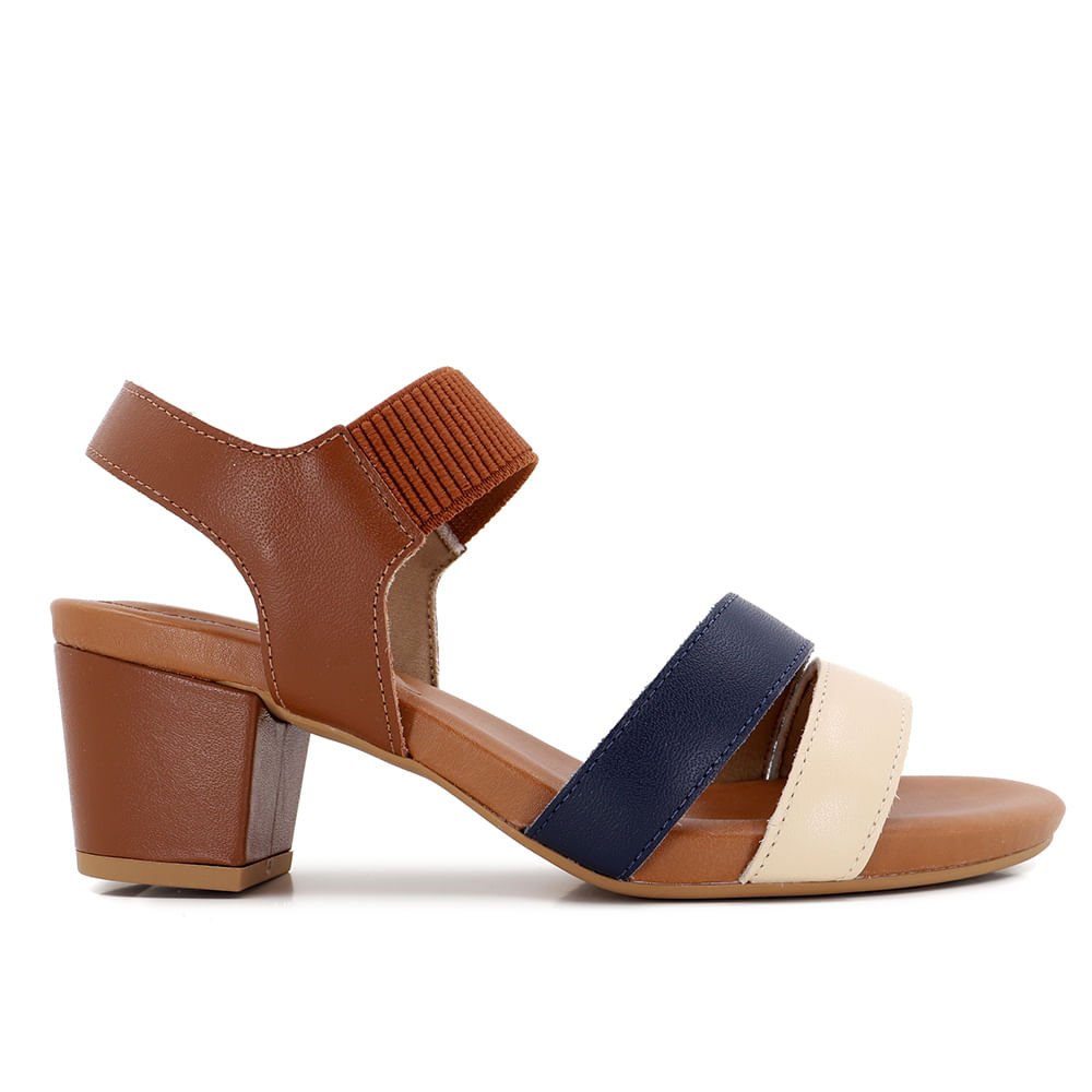 Sandália Salto Bloco Tricolor Marrom Couro