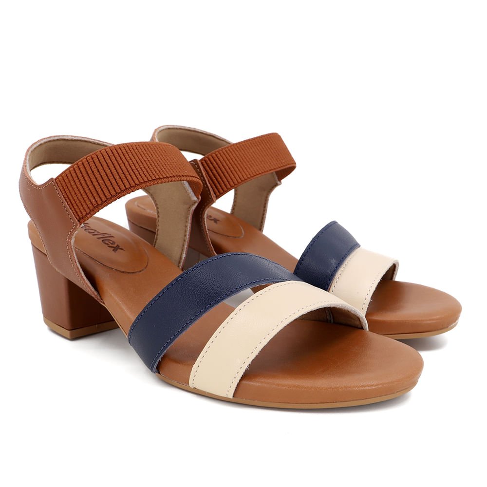 Sandália Salto Bloco Tricolor Marrom Couro Marrom/Azul Marinho 2