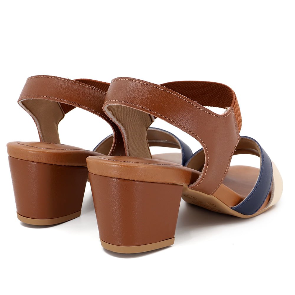 Sandália Salto Bloco Tricolor Marrom Couro Marrom/Azul Marinho 3