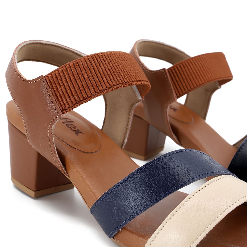 Sandália Salto Bloco Tricolor Marrom Couro Marrom/Azul Marinho 4