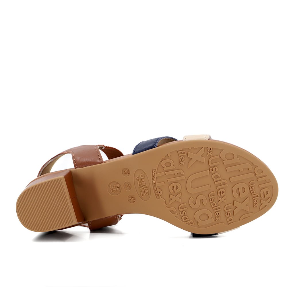 Sandália Salto Bloco Tricolor Marrom Couro Marrom/Azul Marinho 5