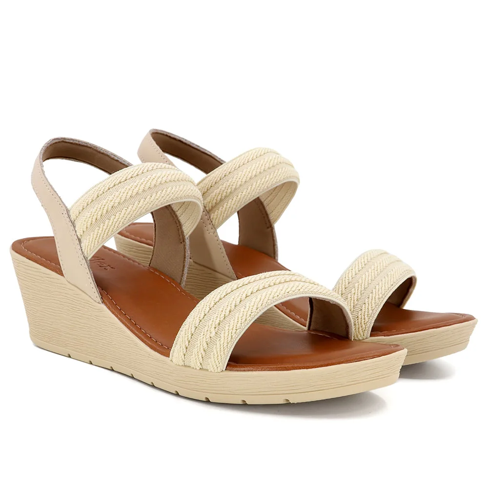 Sandália Anabela Elástico Bege Detalhe Couro Bege 2