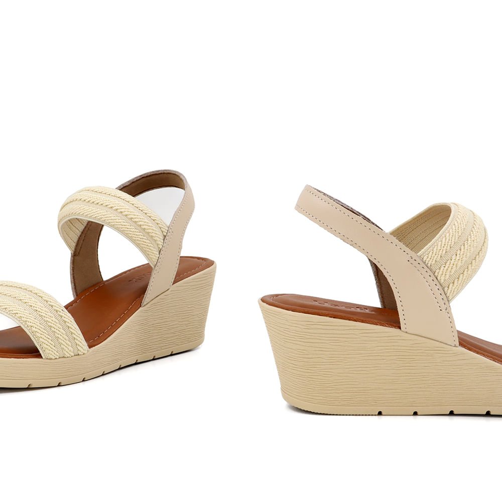 Sandália Anabela Elástico Bege Detalhe Couro Bege 4