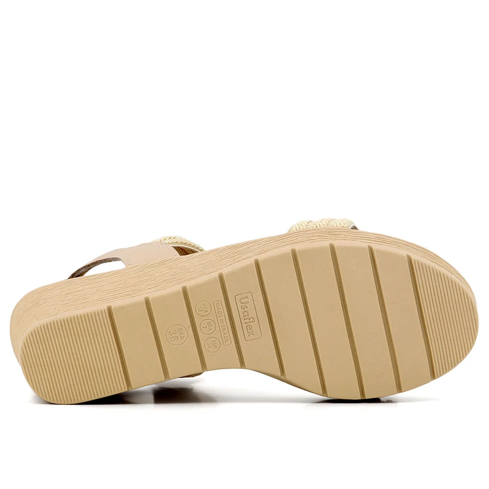 Sandália Anabela Elástico Bege Detalhe Couro Bege 5