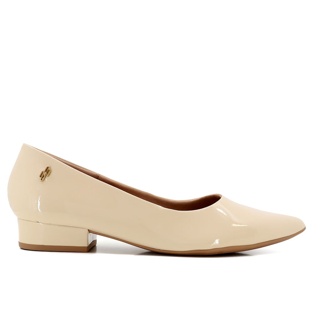 Scarpin Bege Salto Bloco Couro Luxor Bico Fino