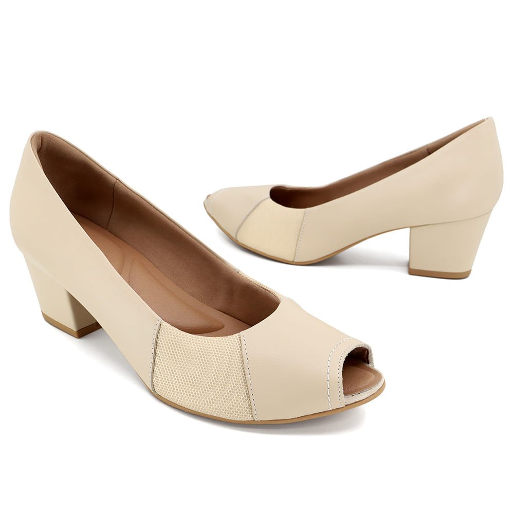 Peep Toe Salto Bloco Bege Couro Detalhe Tecido