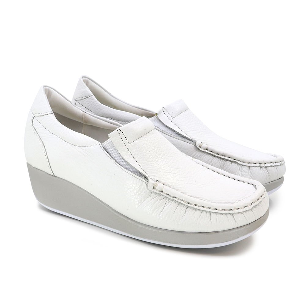 Mocassim Branco Anabela Couro Elástico Branco 2