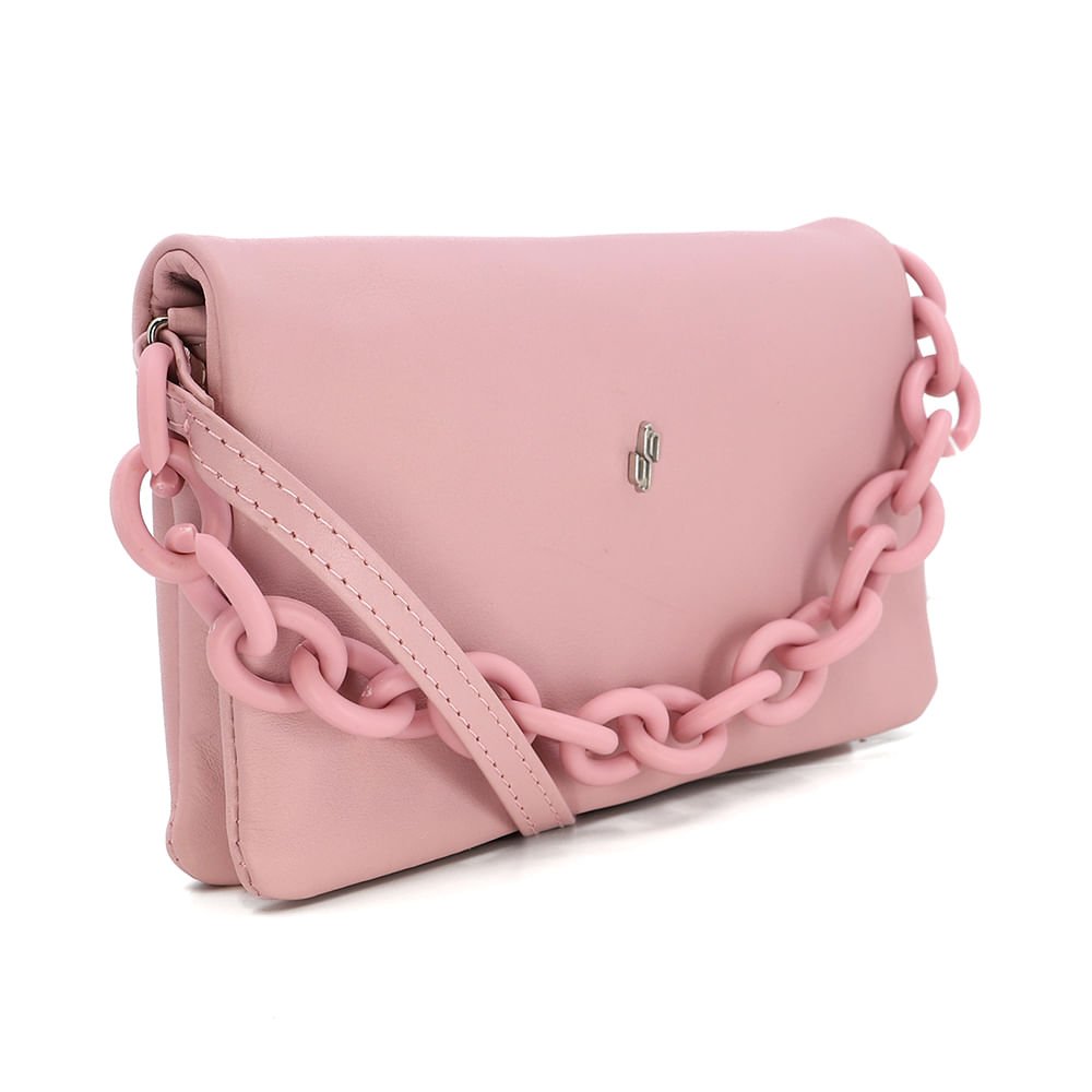 Bolsa Tiracolo Couro Comfy Rosa Enfeite Corrente Rosa 2